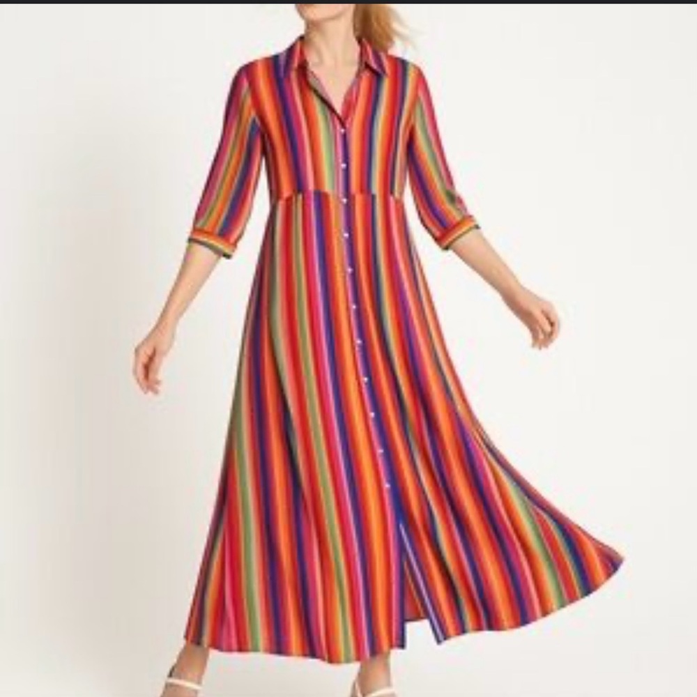 Philosophy Dress 14 Vibrant Rainbow Striped Maxi Button up 3/4 Sleeves Highwaist - Picture 2 of 14